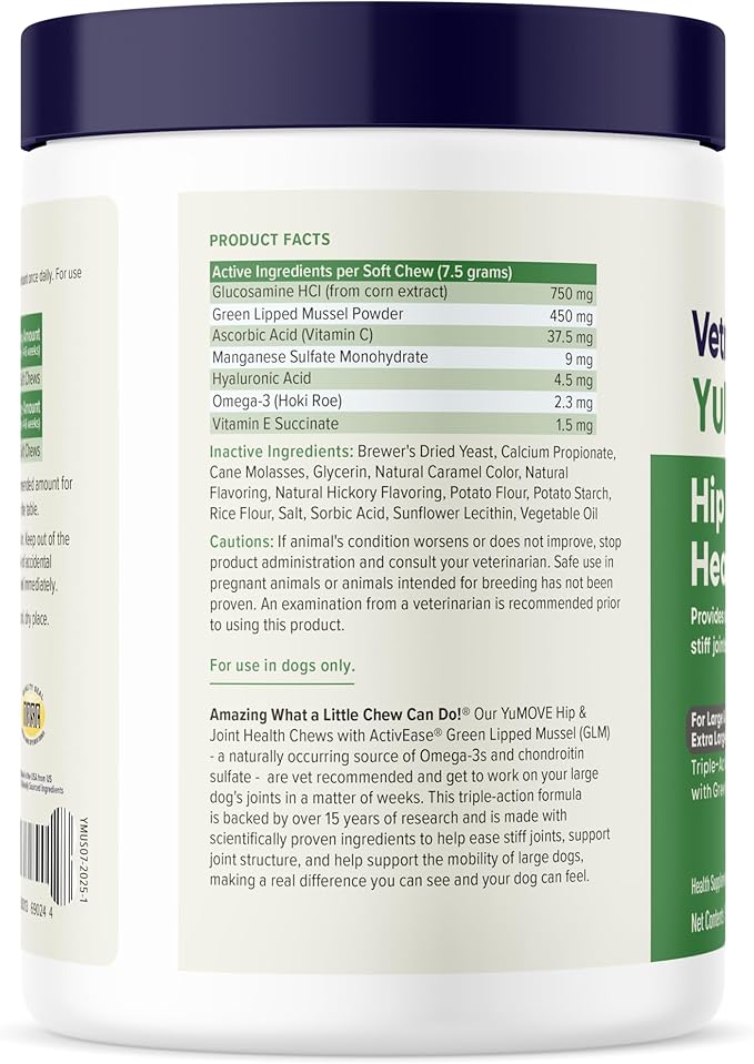 YuMOVE Hip & Joint Supplement for Dogs - Glucosamine, Green Lipped Mussel, Hyaluronic Acid & Omega 3 Supports Mobility & Joint Comfort 60 Chews (Large/XL Dogs)