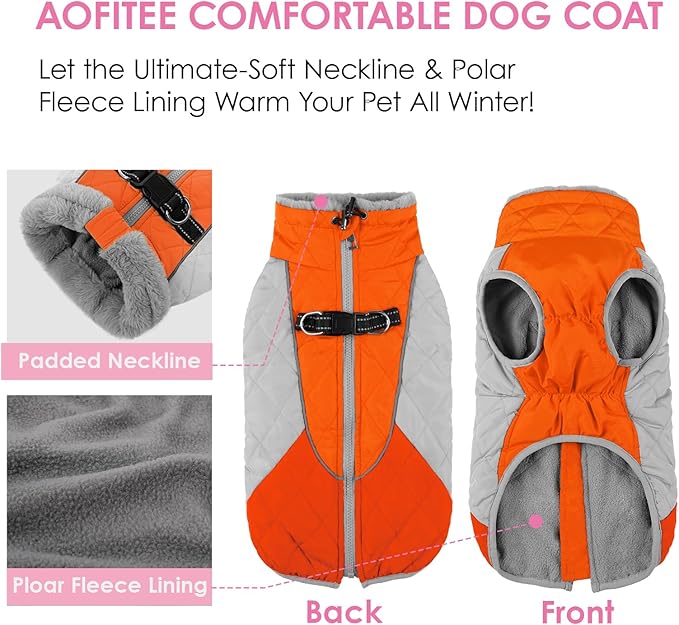 AOFITEE Dog Winter Coat, Dog Coat for Large Dogs, Reflective Large Dogs Jacket with Harness Built in and Fleece Lined, Waterproof Pet Winter Jacket Warm Snowsuit for Cold Weather, Orange XXL