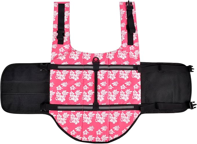 ChezAbbey Dog Life Jacket Adjustable Dog Lifevest Swimsuit Safety Vest Apparel Lifesaver Coat for Small Large Cats Puppy Kitty with Handle Reflective for Swimming and Boating Pink Flower XL