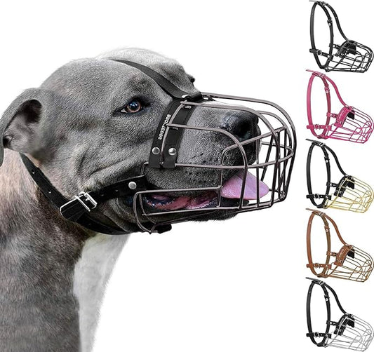 BRONZEDOG Pitbull Dog Muzzle Metal Mask Amstaff Wire Basket Pit Bull Adjustable Leather Straps for Large Dogs (Graphite Metal)