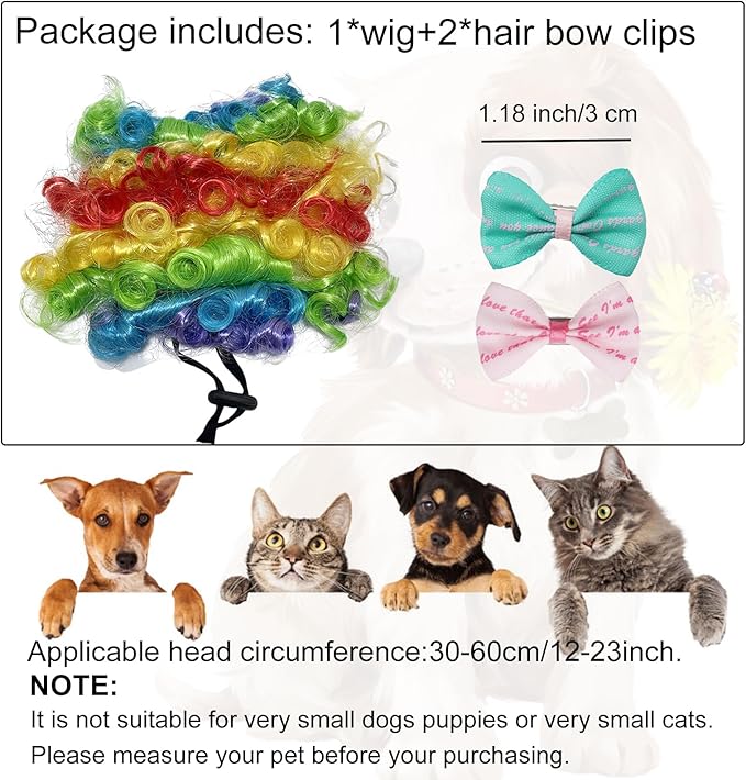 Funny Dog Wig Pet Costumes, Cat Costume Synthetic Hairpiece Cosplay Wigs, Headwear for Halloween Christmas Festivals Party Decor, Fancy Dress,Average Size for Most Dog Cat,Colorful Curly