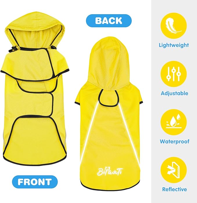 BiPawTi Dog Rain Jackets for Large Dogs, Waterproof Raincoat for Dog, Lightweight Reflective Safety Pet Rain Coats with Hood/Leash Hole/Reflective Strip - Yellow, L