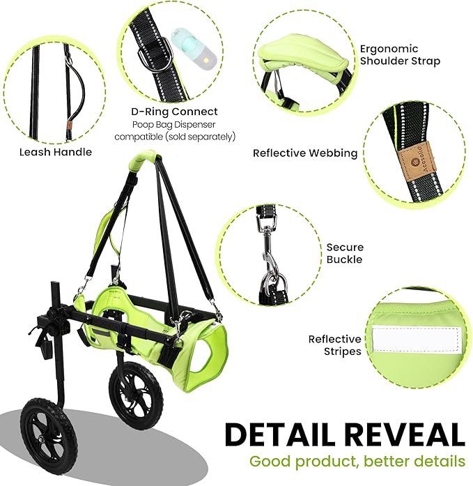 Adjustable Dog Wheelchair for Back Legs, for All Breed Dog - Includes High-Visibility Vest, Leash & Sling Lift, Lightweight Pet Wheelchair for Disabled Hind Legs (XXL, for Large Breed Dog)