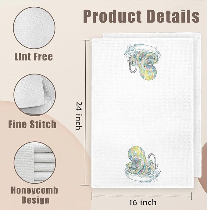 Funny Octopus Coastal Ocean Bathroom Hand Towels Set of 2, Octopus Gifts, Kids Bathroom Decor, Coastal Nautical Beach Hand Towels for Bath Room Washroom Toilet, 16x24 Inch
