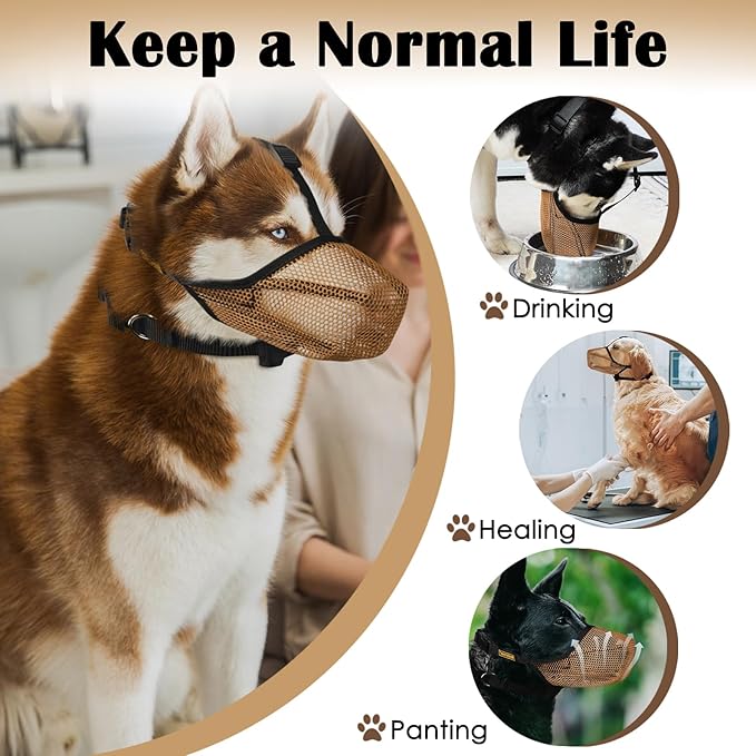 Mayerzon Dog Muzzle, Soft Mesh Muzzles for Large Medium Small Breed Labrador Retriever Husky Beagle Poodle, Adjustable Dog Mouth Guard for Scavenging Licking Grooming, with Matching Collar(S, Brown)