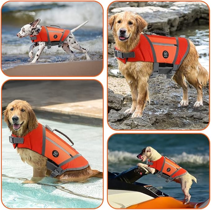 EMUST Dog Life Vests for Swimming, Adjustable Dog Life Jackets for Small Dogs with Hook & Loop, Reflective Dog Swim Vest with Quick-Release Buckles for Bulldogs, Dachshunds, Corgis, Orange, S