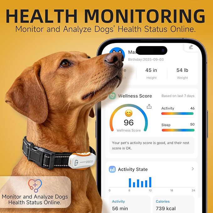 AI GPS Tracker for Dogs (30lbs+), Real Time Location and AI Vet Health Management, Electronic Fence, Waterproof, iOS and Android Universal (D5-White)