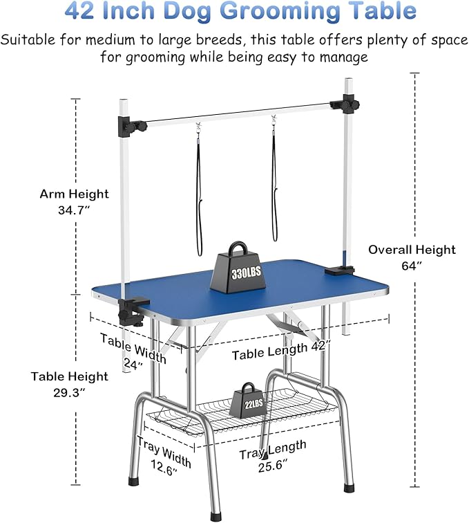 APRILSOUL 42 Inch Pet Grooming Table for Medium Dogs,Adjustable Height,Foldable,Anti-Slip Surface,with Arms, Nooses, Mesh Tray