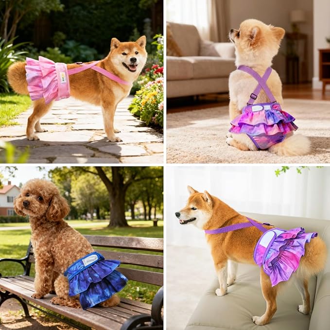 Idepet Female Dog Diapers with Suspender Detachable, 3 Pack Tie Dye Washable Reusable Girl Doggie Diapers Skirts for Small Medium Female Dog in Heat Period Cycle Urinary Incontinence Training XL