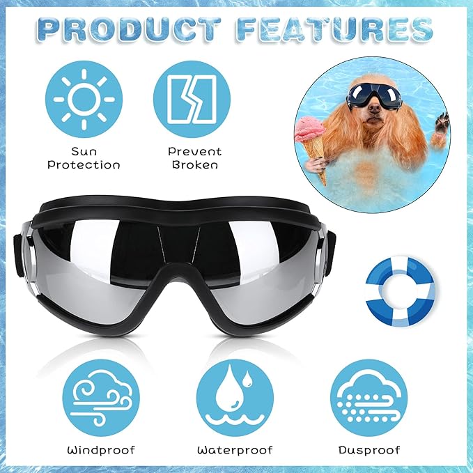 2 Pieces Dog Goggles Sunglasses Snowproof Windproof Glasses Pet Goggles for Travel Skiing Anti-Fog Dog with Adjustable Strap