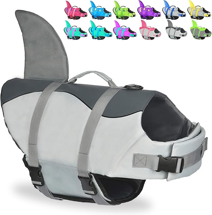 Dog Shark Life Jacket, Dog Life Vest for Swimming Adjustable Pet Life Preserver with Rescue Handle
