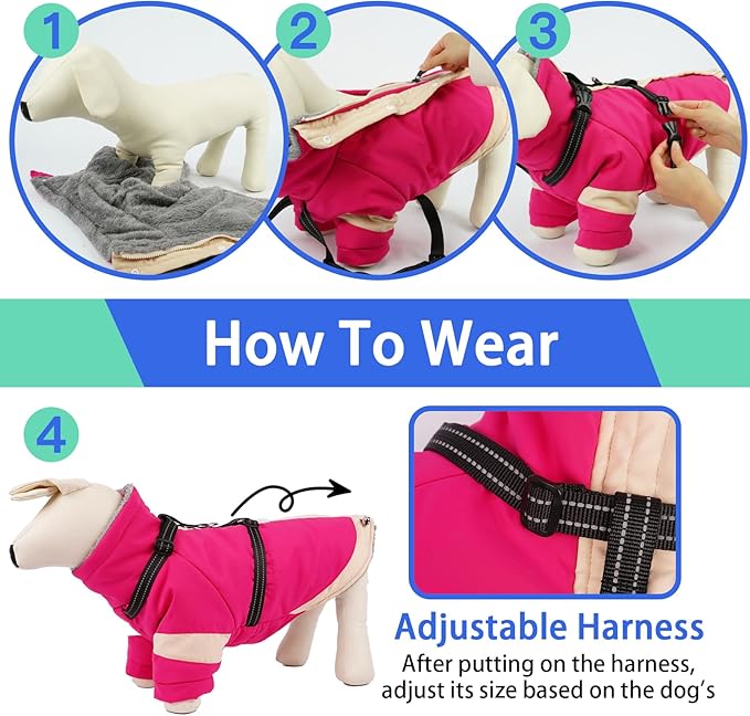 MIGOHI Reflective Dog Winter Coat,Warm Dog Jacket with Harness,Fleece Jacket for Large Dogs,Waterproof Pet Puffer Jacket Snowsuit,Windproof Pet Clothes for Cold Weather,Australian Shepherd,XL,Rosered