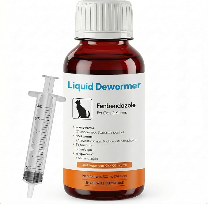 Dewormer for Cats & Kittens Liquid Fenbendazole - Broad Spectrum Suspension - Removes Roundworm, Hookworm, Tapeworm - Easy to Mix with Food, Includes 3ml Dosing Syringe (100ml)