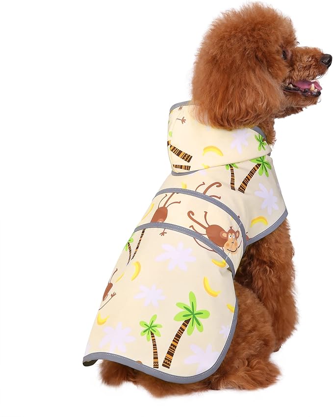 Dog Raincoat for Small Dogs Puppies Waterproof Jacket Hooded Rain Coats with Reflective Strips Leash Hole & Poncho Adjustable Fit (Monkey,S)
