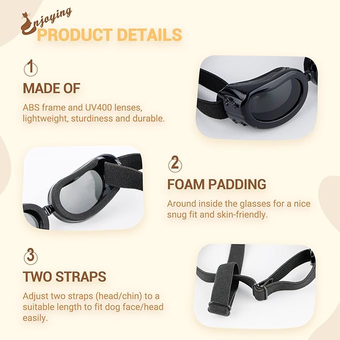 Enjoying Dog Goggles Small Breed, Dog Sunglasses UV Protection, Cycling Eye Protection for Small Dogs, Breathable Windproof Dustproof Anti-Fog, Adjustable Straps, Classic Black