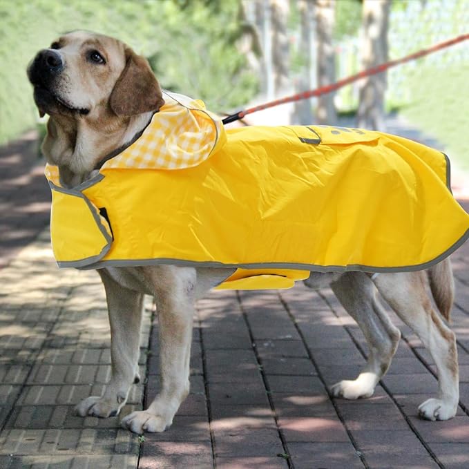 MAMORE Dog Raincoat Reversible,Waterproof Dog Rain Coat Hooded Slicker Poncho with Reflective Strip, Plaid Double Layer Rain Jacket for Small Medium Large Dogs (Yellow, X-Small(4-9lb))