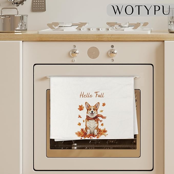 Fall Corgi Kitchen Towels, Corgi Lover Gifts Dish Tea Towel for Kitchen Decor, Farmhouse Fall Autumn Maple Leaf Dog Hand Towels for Bathroom Decor,16X24 Inch