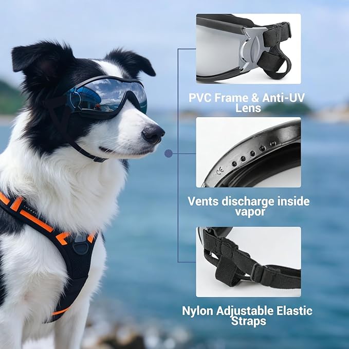 NAMSAN Dog Goggles Medium to Large Breed, Anti-UV Sunglasses for Dogs Large Breeds, Windproof Driving Dog Eye Protection, Doggy Glasses with Elastic Straps, Adjustable, Black