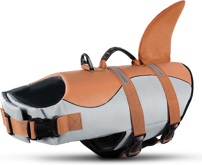 Queenmore Dog Life Jacket,Dog Life Vest for Swimming,Dog Shark Life Jacket with Rescue Handle,Adjustable Reflective Dog Life Preserver for Large Dog,Brown L
