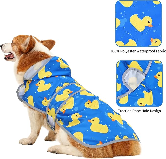 Dog Raincoat for Large Dogs Waterproof Jacket Hooded Rain Coats with Reflective Strips Leash Hole & Poncho Adjustable Fit (ShinyDuck,L)