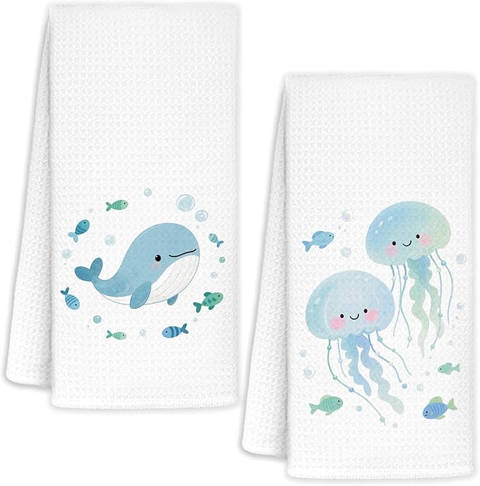 Cute Ocean Whale Jellyfish Kids Bathroom Hand Towels Set of 2, Ocean Lover Gifts, Coastal Beach Hand Towels for Bath Room Washroom, Nautical Beach Kitchen Dish Towel, 16x24 Inch