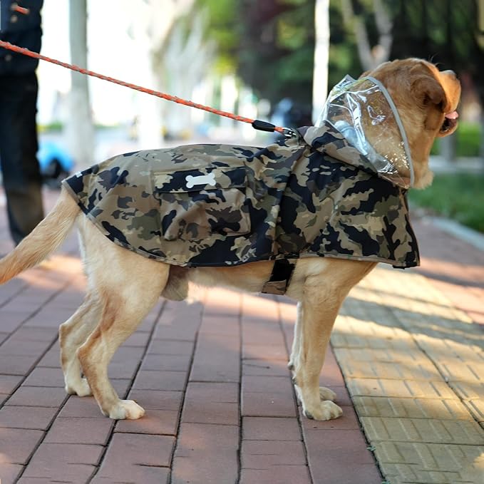Waterproof Dog Raincoat, Adjustable Reflective Lightweight Pet Rain Clothes with Poncho Hood(Large,Camo)