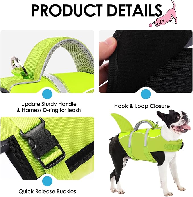 AOFITEE Dog Life Jacket, Dog Life Vest for Swimming, Shark Dogs Swimming Vest with Rescue Handle and Reflective Stripe, Ripstop Pet Float Coat Swimsuit Lifesaver Small Medium Large Dogs Green XS