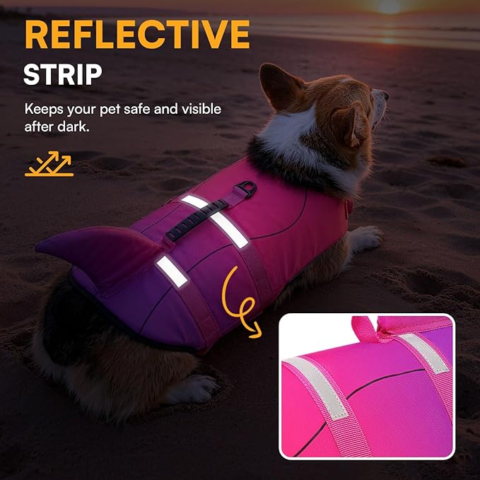 Queenmore Dog Life Jacket High Flotation, Reflective Dog Life Vest for Swimming, Adjustable Dogs Life Preserver Rescue Handle Spring Summer Pool for Small, Medium, Large Dogs (Pink Purple,M)