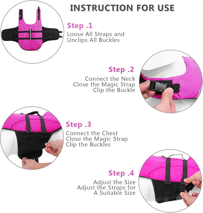 Queenmore Ripstop Dog Life Jacket Shark Life Vest for Dogs, Safety Lifesaver with High Buoyancy and Lift Handle for Small and Medium Breeds（Rose Red L）