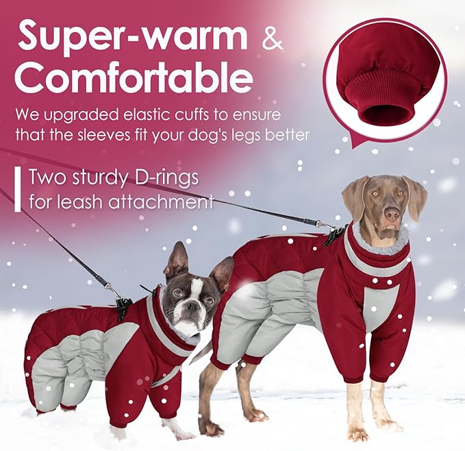 AOFITEE Fullbody Dog Coat Warm Fleece Dog Jacket, Windproof Dogs Winter Coat with Harness Built in, Reflective Turtleneck Dogs Snowsuit Puffer Jacket, Four Legged Pet Snow Suit, Christmas Red XXL