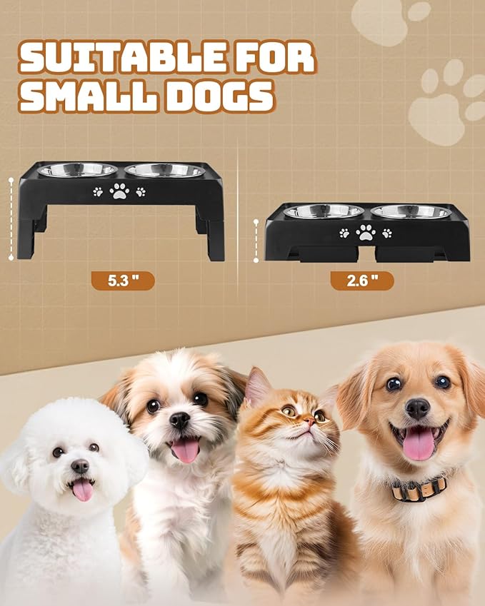 Elevated Dog Bowls for Small Dogs and Cats, Non-Slip Cat Bowls with 2 Thick 5.5" Stainless Steel Dishes, Dog Feeder 2 Heights Adjustable to 2.6"-5.3"