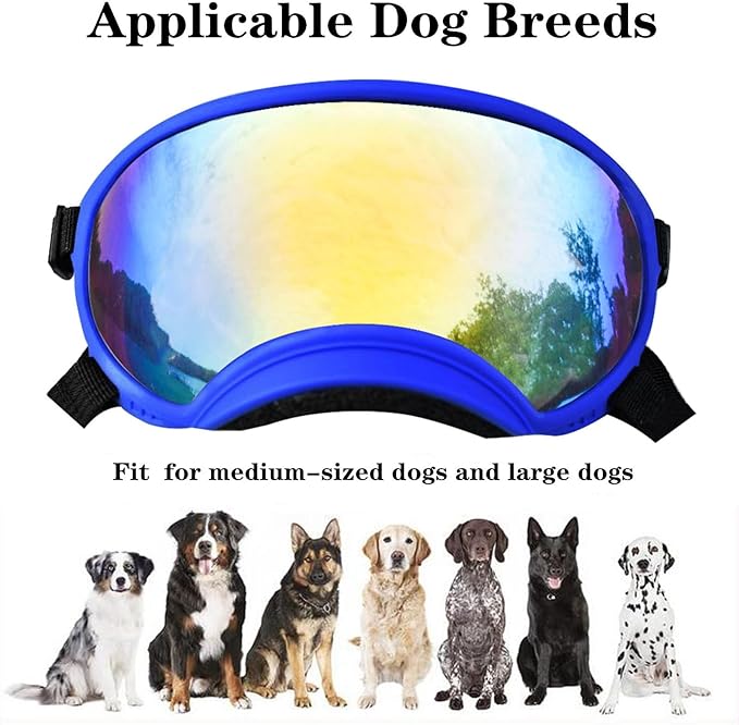 Soft Samll Dog Sunglasses Dog Goggles for Large Breed UV/Wind/Dust Protection Winproof Dog Puppy Sunglasses Pet Glasses Eye Wear with Adjustable Strap (Bule Frame & Colored Lens/Large)