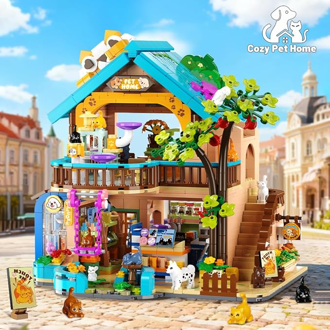 City Pet Shop Building Set with Lights, Cozy Pet Store Construction Toy with Cats Dogs, Cute Animal Store Miniature House Model Building Block Kit for Adults Kids Boys Girls Ages 8-12+