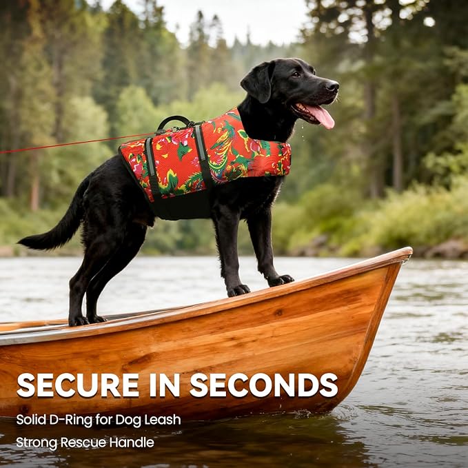 VIVAGLORY Rip Stop Dog Life Vest, Swimming Vest with Handle, Buoyancy for Doggy Puppy, Dog Life Jacket for Swimming & Boating, S, Northeast Florals-Red