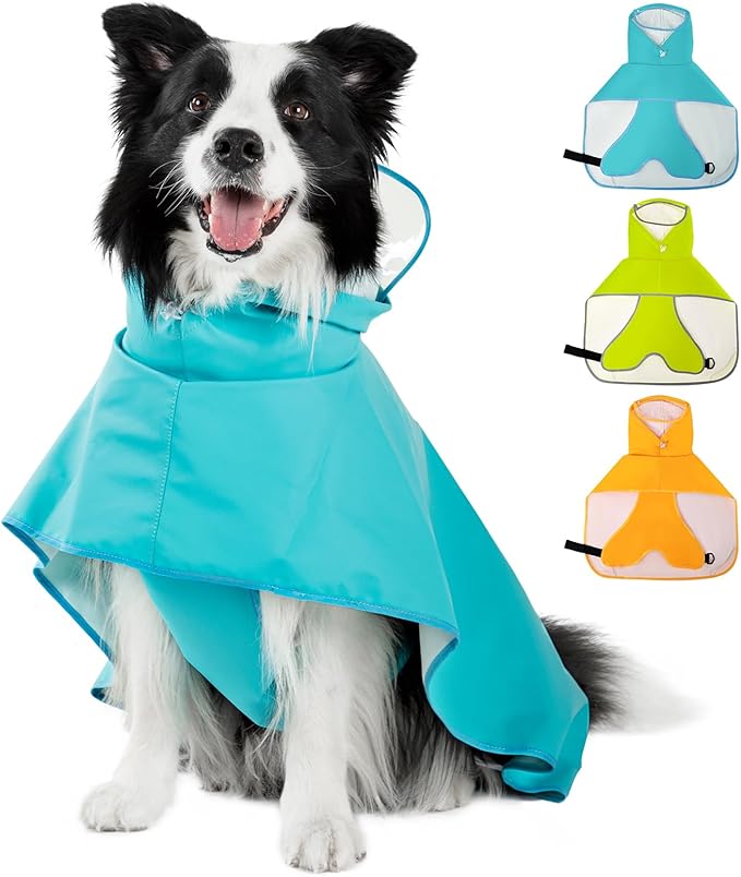 Dog Raincoat, Waterproof Windproof Dog Rain Jacket with Hood, Rain Coat with Leash Hole, Adjustable Raincoat Poncho for Small Medium Large Dogs Outdoor (Blue, S)