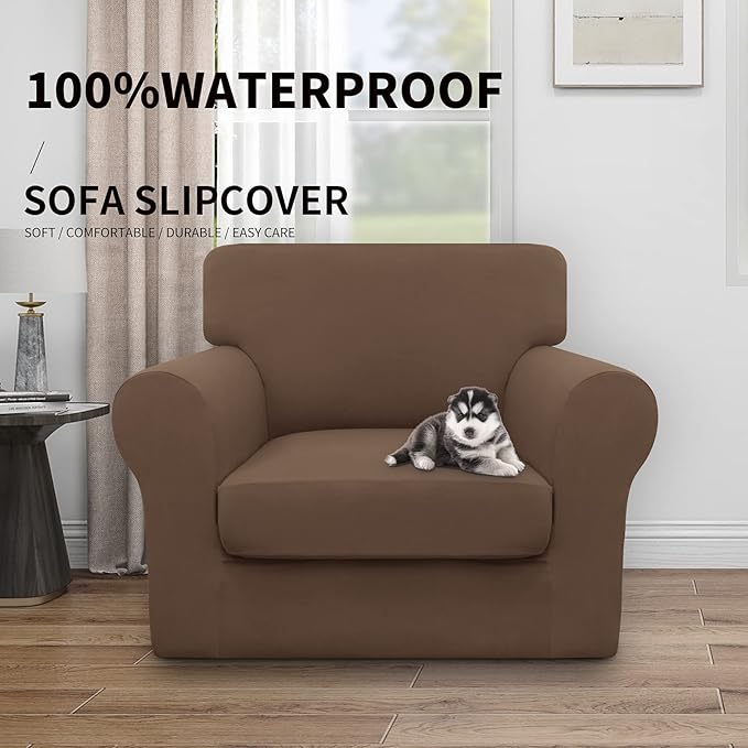Easy-Going 100% Dual Waterproof 2 Pieces Chair Cover Stretch Soft Couch Cover for Dogs, Sofa Slipcover for 1 Separate Cushion Couch Leakproof Furniture Protector for Kids, Pets Brown