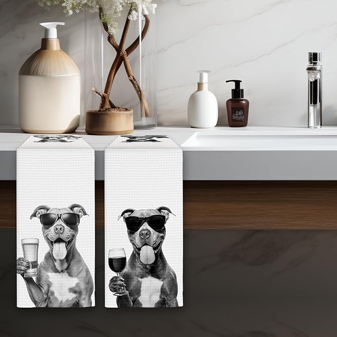 Pitbull Gifts Wine Kitchen Towels Set of 2, Gifts for Pit Bull Dog Wine Lovers Decorative Hand Dish Towel for Kitchen Home Bar, Funny Pitbull Dog Beer Lover Home Bar Cart Decor(16x24 Inch)