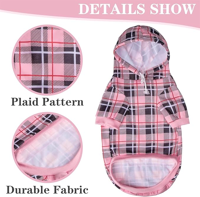 EXPAWLORER Plaid Dog Hoodie - British Style Warm Dog Sweater Shirt with Leash Hole,Pitbull Clothes Outfits,Winter Coat Apparel for All Breeds Puppy Girl Boy-Cat Apparel,Pink Small