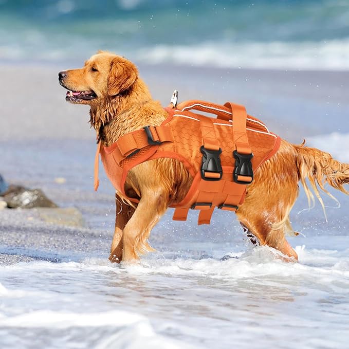 Kuoser Dog Life Jacket High Flotation, Reflective Dogs Life Vest for Swimming Boating, Adjustable Small Medium Large Dog lifejacket, Lightweight Dogs Life Preserver Rescue Handle Spring Summer Pool