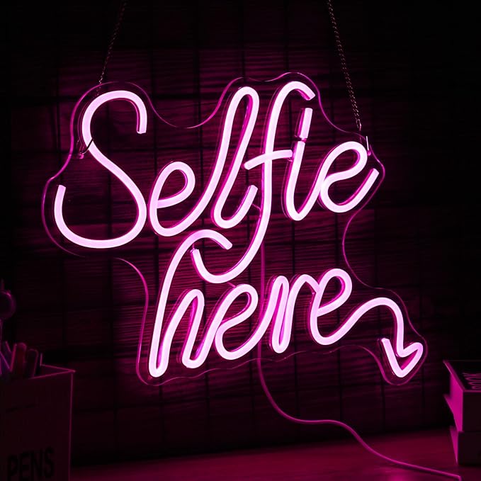 Selfie Here Neon Sign Dimmable Pink Words Light Up Sign for Wall Decor Selfie Led Neon Light for Selfie Station Photo Studio Bedroom