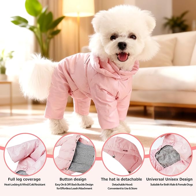 White Duck Down Dog Coat - 4-Leg Coverage, Waterproof Windproof Warm Winter Snowsuit, Cotton Anti-Static Lining, Built-in Harness Hole for Small/Medium Dogs,Size 13(M) Pink