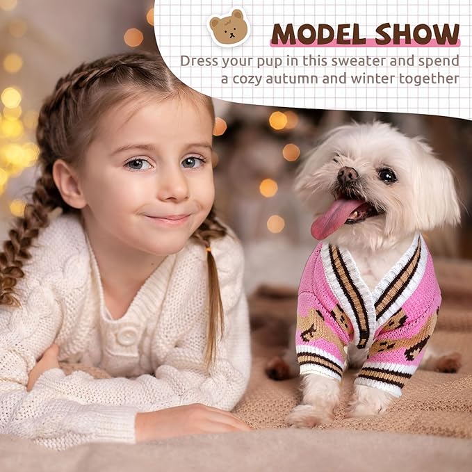 Small Dog Sweaters Cute Bear Knitted Dog Cardigans Clothes for Small Medium Dogs Soft Pet Puppy Cat Knitting Outfits Fall Winter Warm Boy Girl Dogs Knitwear Coat Apparel(Pink, Medium)