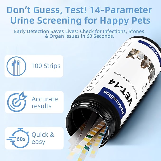 14-Parameter Dog&Cat UTI & Blood Test Strips, 100ct Detect Ketone Urine Protein Glucose Bladder Full Panel Urinalysis Urinary Tract Infection Test Kits Prime Home Testing Supplies for Vet
