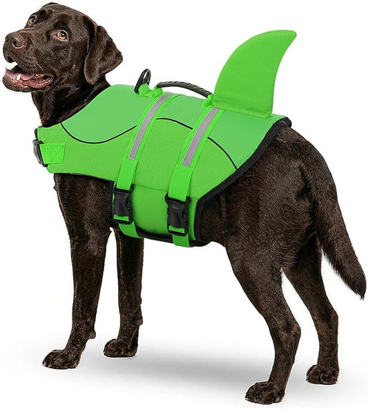 Queenmore Dog Life Jacket High Flotation, Reflective Dog Life Vest for Swimming, Adjustable Dogs Life Preserver Rescue Handle Spring Summer Pool for Small, Medium, Large Dogs (BrightGreen,XXL)