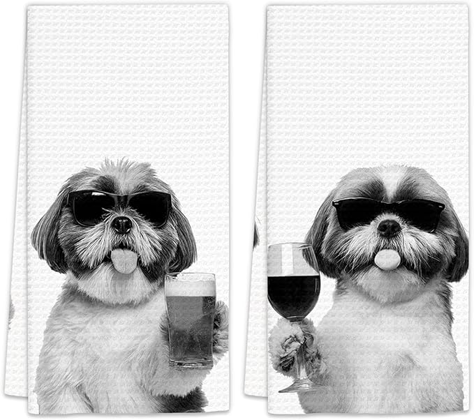 Shih Tzu Gifts Wine Kitchen Towels Set of 2, Gifts for Shih Tzu Dog Wine Lovers Decorative Hand Dish Towel for Kitchen Home Bar, Funny Shihtzu Beer Lover Home Bar Cart Decor(16x24 Inch)