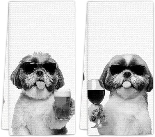 Shih Tzu Gifts Wine Kitchen Towels Set of 2, Gifts for Shih Tzu Dog Wine Lovers Decorative Hand Dish Towel for Kitchen Home Bar, Funny Shihtzu Beer Lover Home Bar Cart Decor(16x24 Inch)