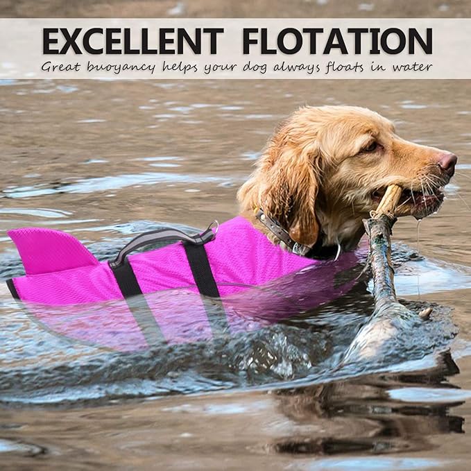 Queenmore Ripstop Dog Life Jacket Shark Life Vest for Dogs, Safety Lifesaver with High Buoyancy and Lift Handle for Small and Medium Breeds（Rose Red M）