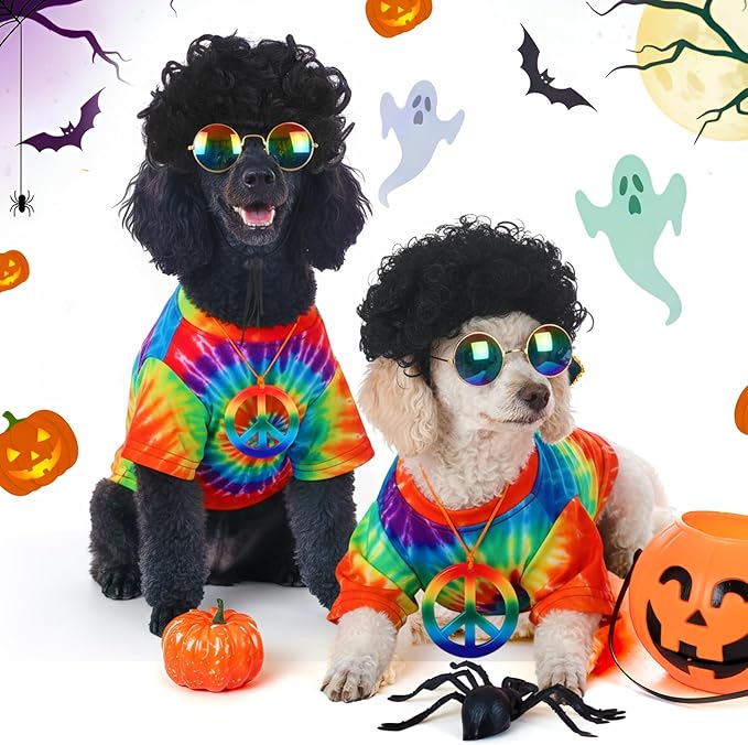 Kinlop 4 Pcs Hippie Dog Costume Halloween Pet Costume Accessories Includes 60s 70s Colorful Tie Dye T-Shirt Funky Wig Peace Sign Necklace and Sunglasses for Party Dress up(Large)