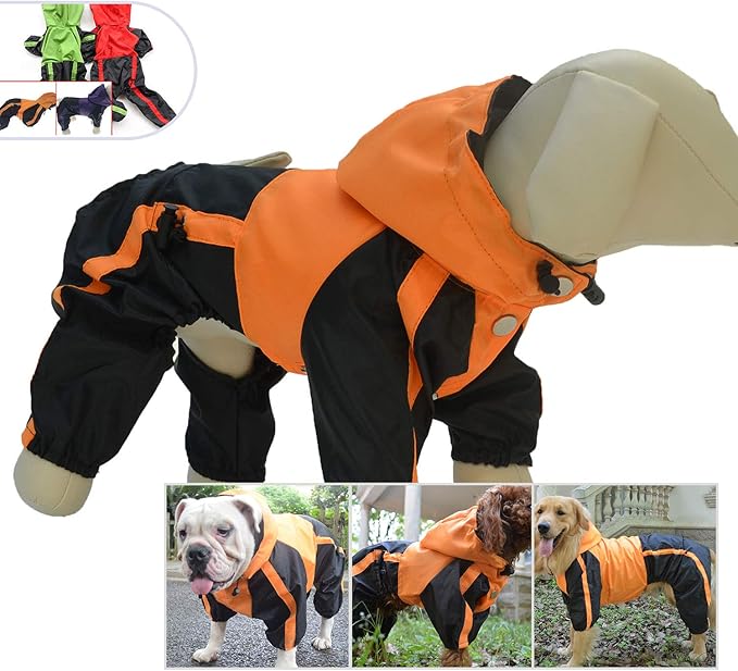 Lovelonglong American Bully Pitbull Dog Hooded Raincoat, Bulldog Rain Jacket Poncho Waterproof Clothes with Hood Breathable 4 Feet Four Legs Rain Coats for Pugs English French Bulldog Orange B-XL