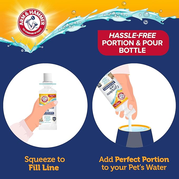 Arm & Hammer Complete Care Dental Water Additive for Dogs, Easy Portion Bottle, Dog Breath Freshener, Dog Mouth Wash or Dental Rinse, Simply Add to Pet Drinking Water for Fresher Breath, 16 FL OZ